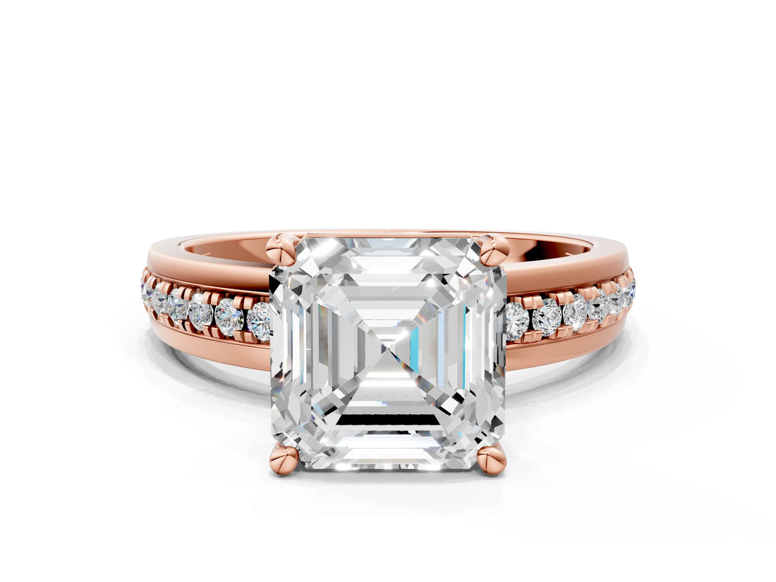 Rose gold Asscher Solitaire Diamond Ring with Channel Set Band and Six-Prong Setting_52