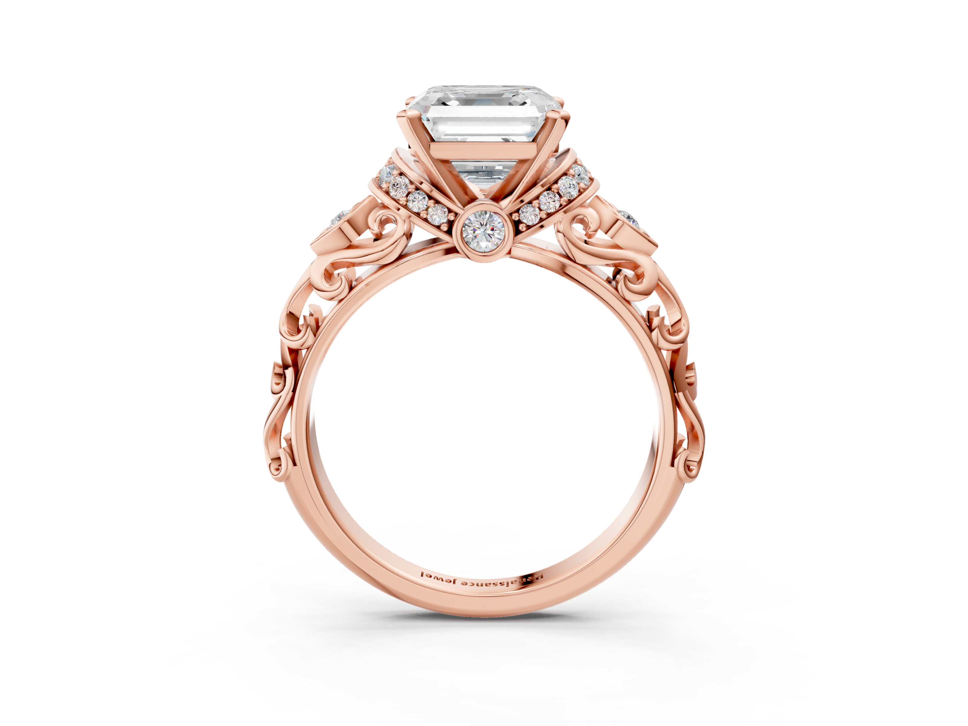 Rose gold Asscher Solitaire Diamond Ring with Filigree Band and Four-Prong Setting_10