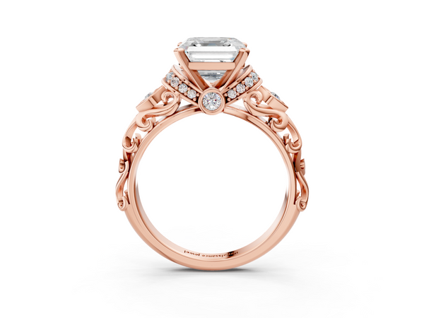 Rose gold Asscher Cut Diamond Solitaire Ring with Filigree Band and Four-Prong Setting