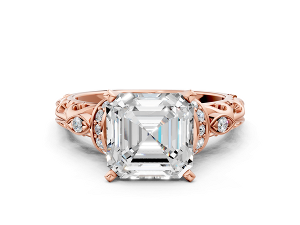 Rose gold Asscher Cut Diamond Solitaire Ring with Filigree Band and Four-Prong Setting