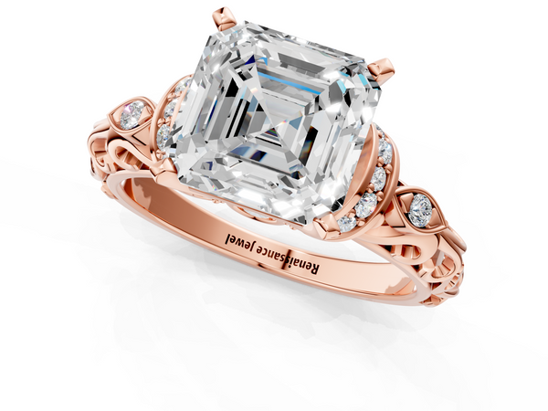 Rose gold Asscher Cut Diamond Solitaire Ring with Filigree Band and Four-Prong Setting