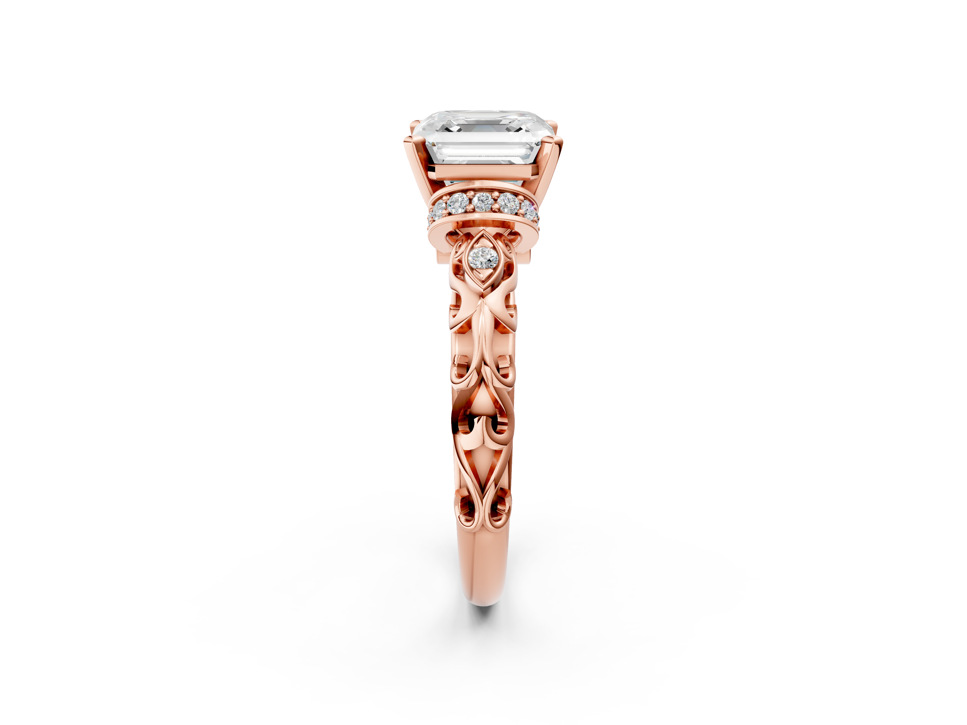 Rose gold Asscher Solitaire Diamond Ring with Filigree Band and Four-Prong Setting_9