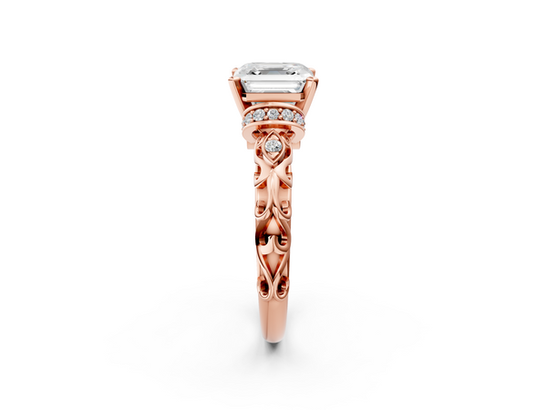 Rose gold Asscher Cut Diamond Solitaire Ring with Filigree Band and Four-Prong Setting