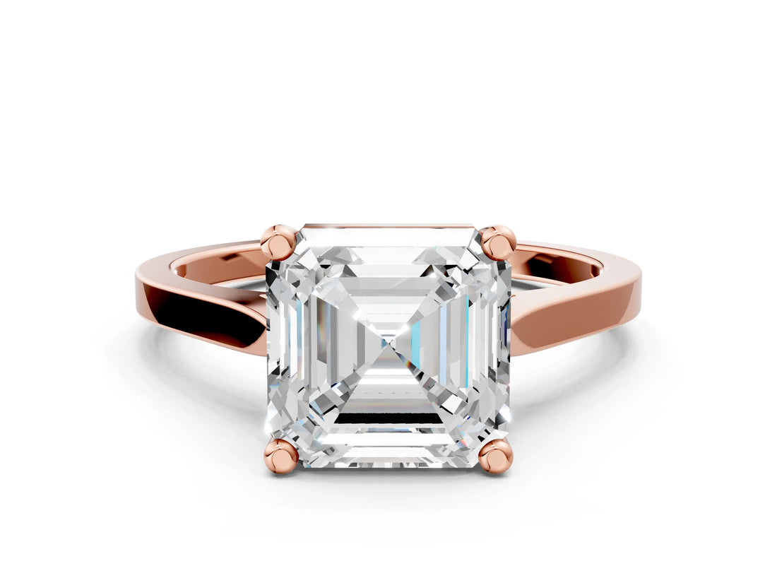 Rose gold Asscher Solitaire Diamond Ring with Four-Prong Setting and Tapered Band