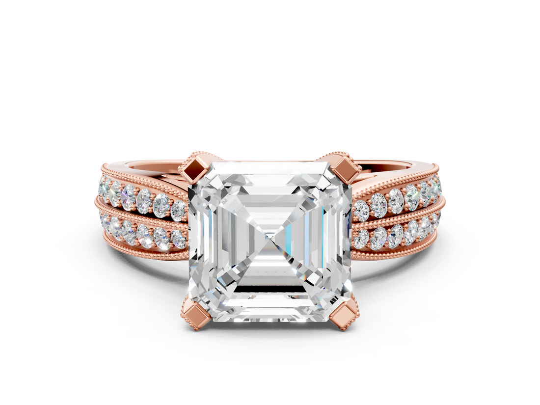 Rose gold Asscher Solitaire Diamond Ring with Milgrain Pavé Band and Four-Prong Setting_54