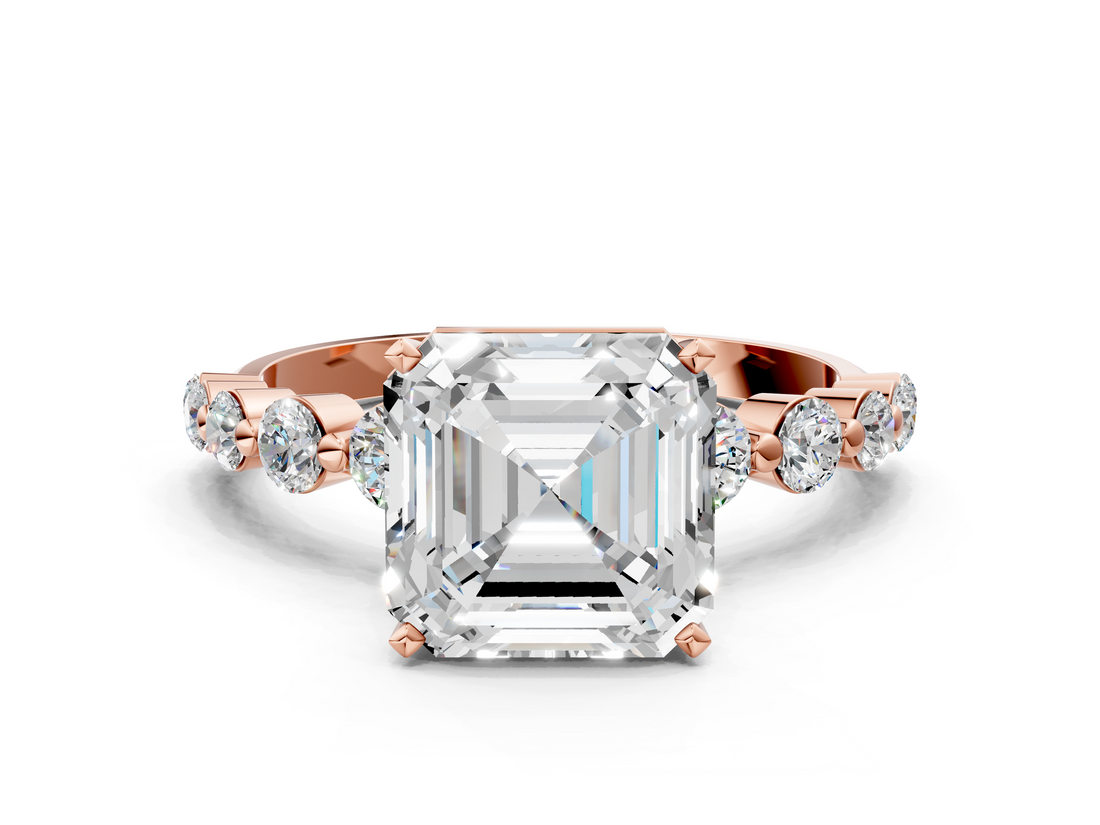 Rose gold Asscher Solitaire Diamond Ring with Pave Band and Four-Prong Setting_24