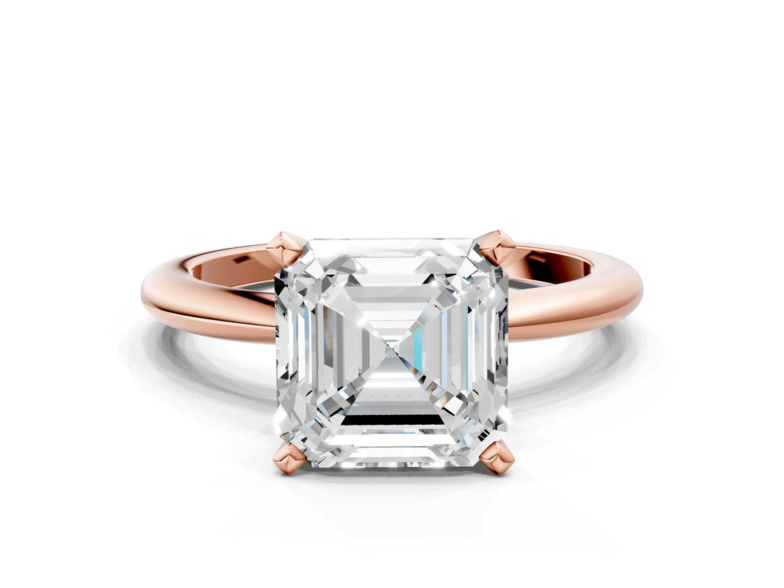 Rose gold Asscher Solitaire Diamond Ring with Six-Prong Setting on a Classic Band