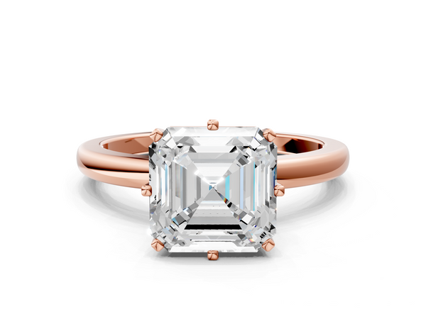 Rose gold Asscher Solitaire Diamond Ring with Six-Prong Setting on a Classic Band