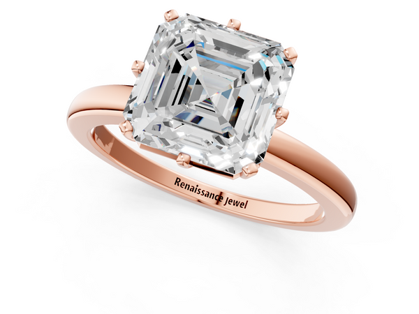 Rose gold Asscher Solitaire Diamond Ring with Six-Prong Setting on a Classic Band