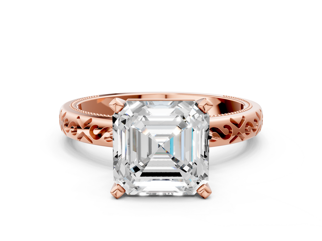 Rose gold Asscher Solitaire Engagement Ring with Scrollwork Band and Four-Prong Setting_24