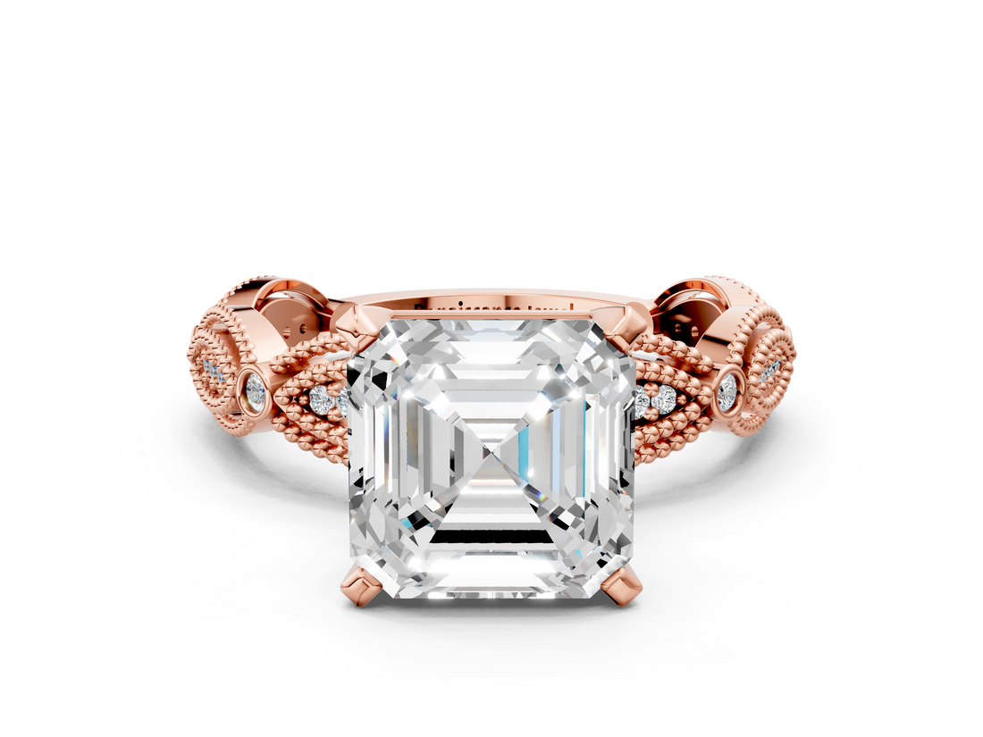 Rose gold Asscher Solitaire Milgrain Diamond Engagement Ring with Bezel and Marquise Band_6