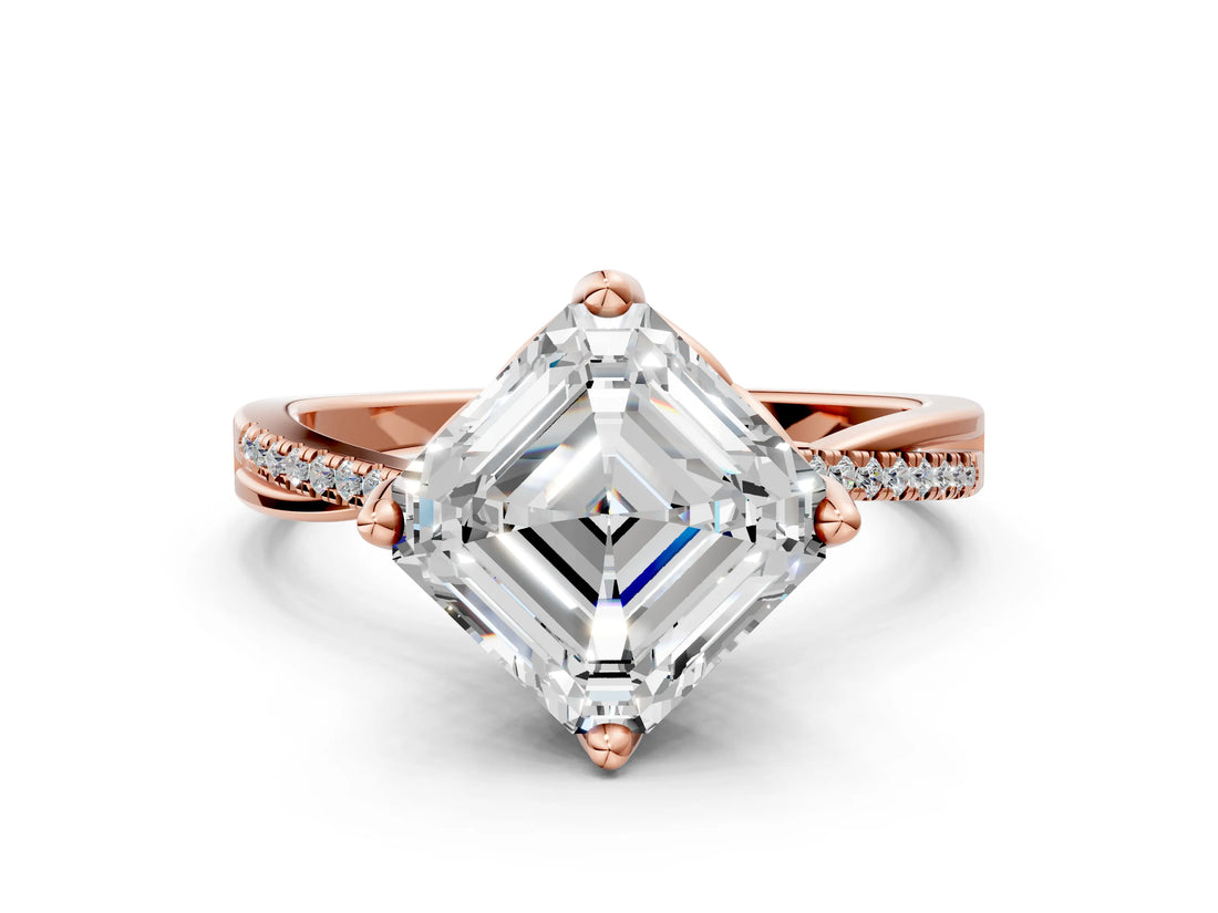 Rose gold Asscher Solitaire Twist Band with Pavé Diamonds and Four-Prong Setting_79