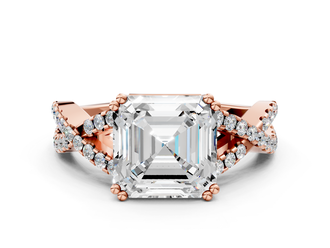 Rose gold Asscher Solitaire Twist Band with Pavé Setting and Four-Prong Setting_6