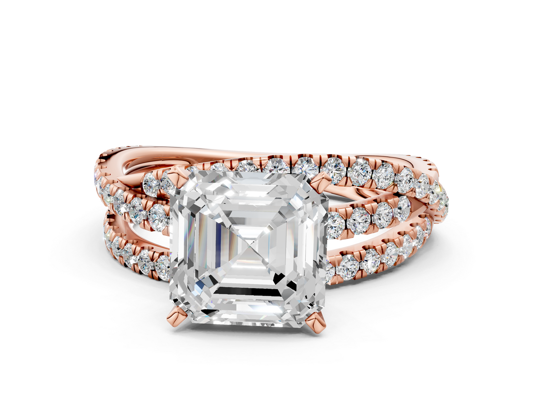 Rose gold Asscher Solitaire Twist Band with Pavé Setting and Four-Prong Setting_7