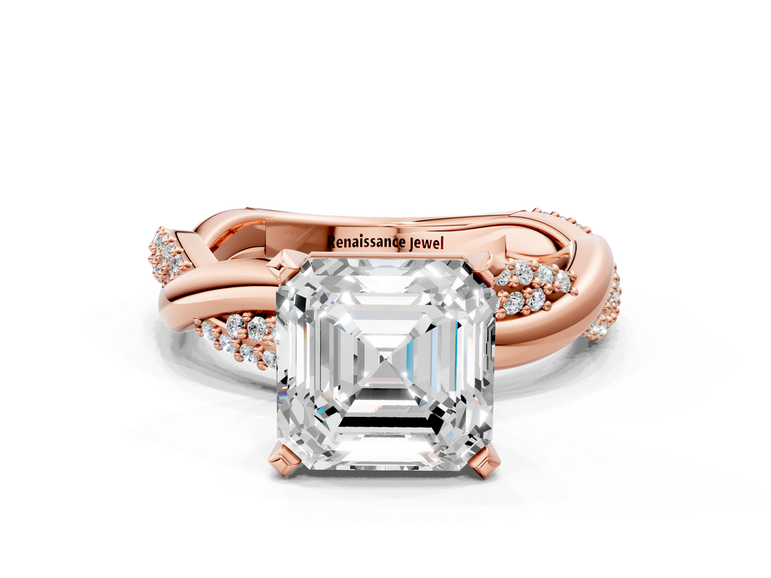 Rose gold Asscher Solitaire Twist Band with Pave Prong Setting_24