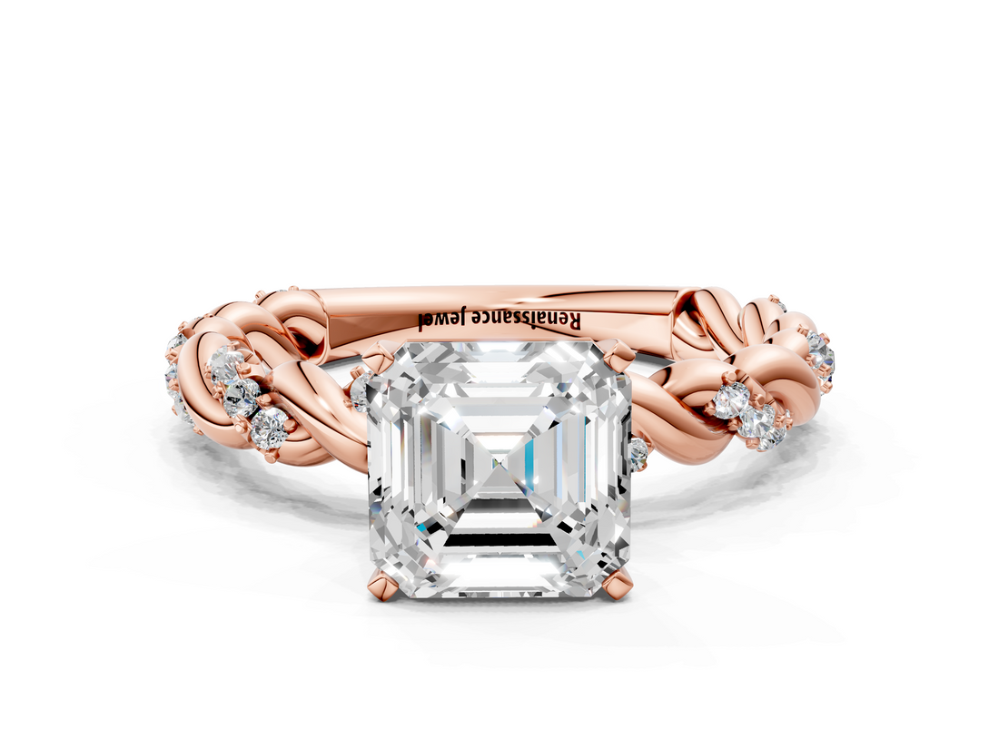 Rose gold Asscher Solitaire Twisted Band with Pavé Accents and Four-Prong Setting_30