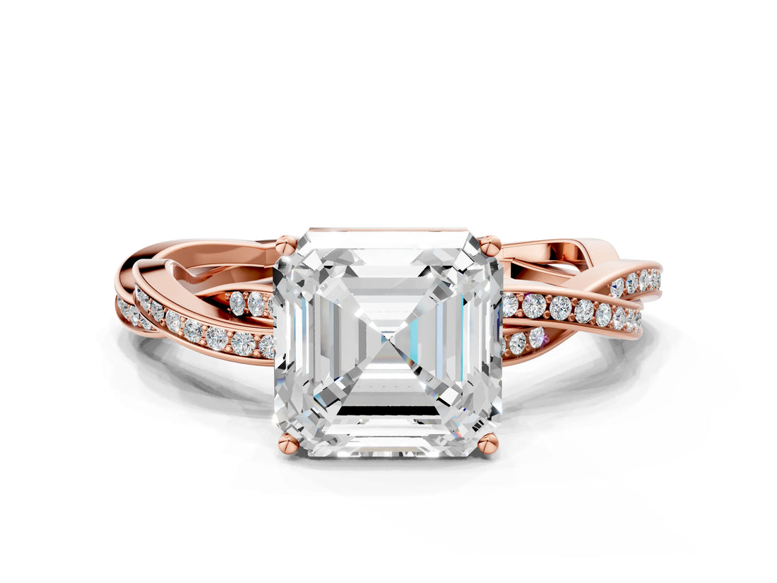 Rose gold Asscher Solitaire Twisted Pave Diamond Ring with Four-Prong Setting_109