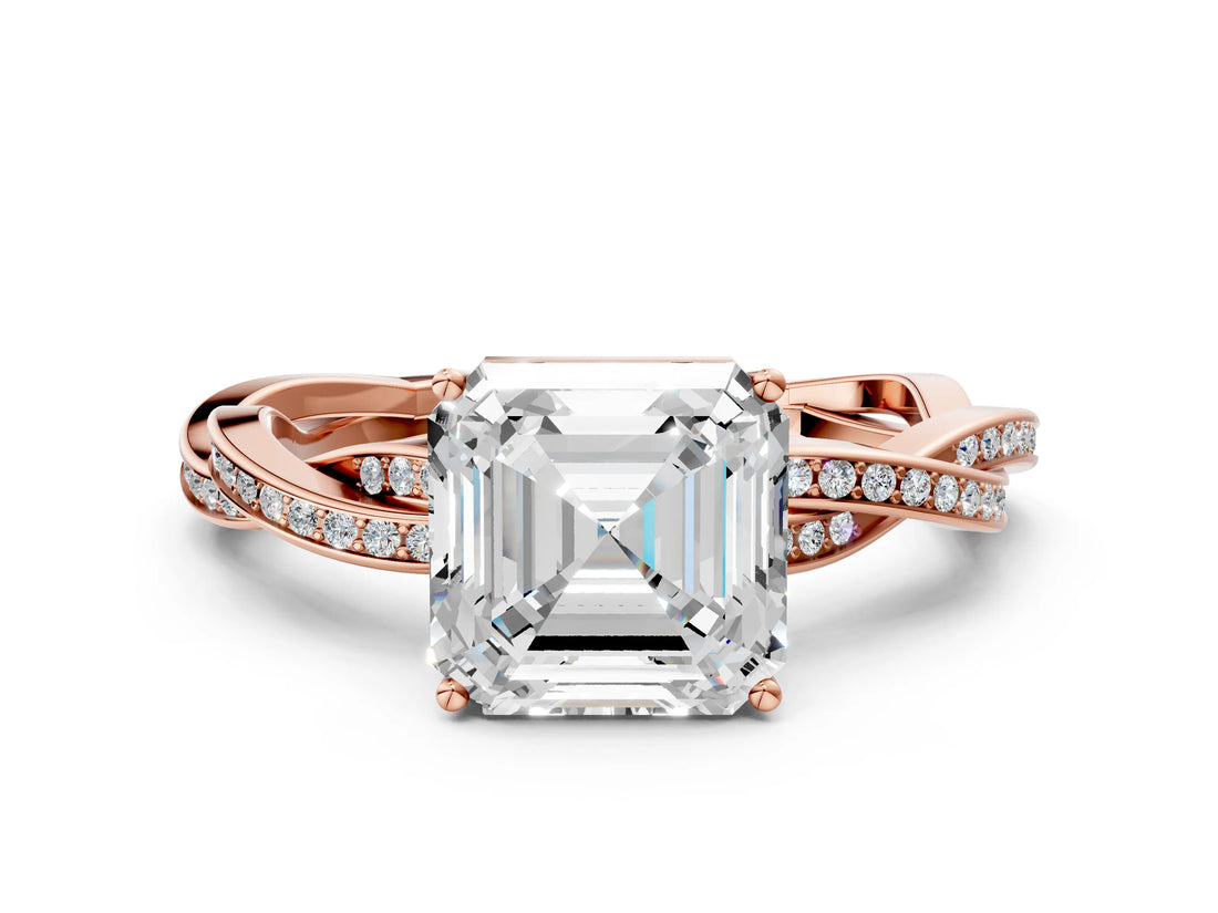 Rose gold Asscher Solitaire Twisted Pave Diamond Ring with Four-Prong Setting_12