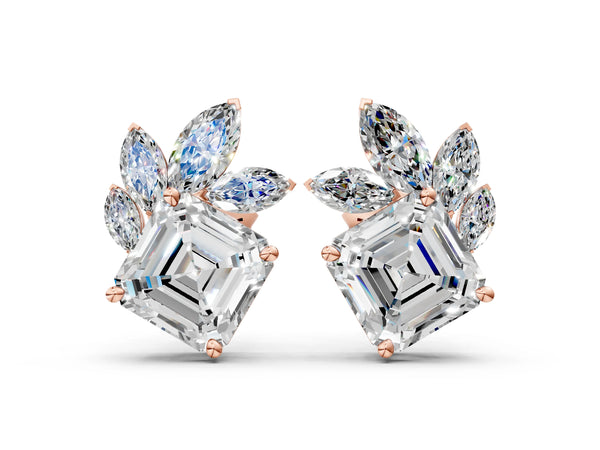 Rose gold Asscher and Marquise Diamond Cluster Stud Earrings