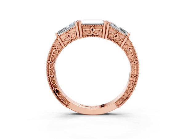 Rose gold Baguette Cut Channel Set Milgrain Band with V-Prong Setting