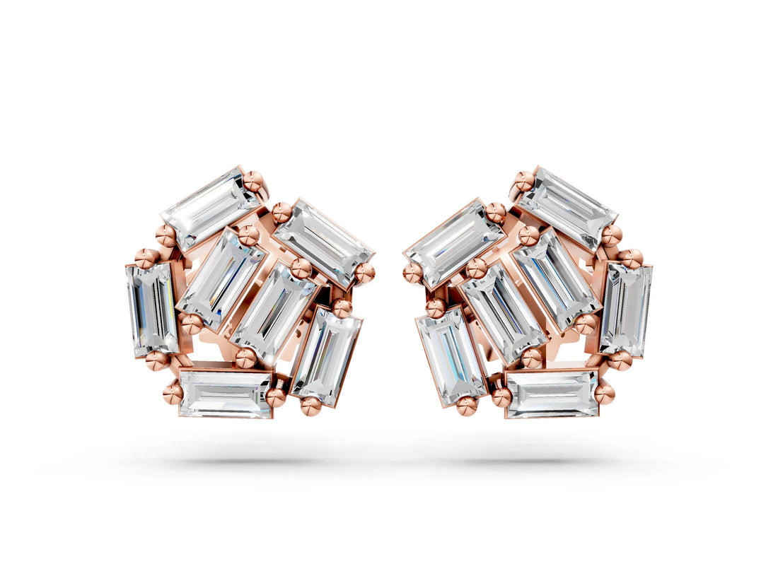 10K Rose Gold 0.75 Carat E-F VVS-VS Baguette Diamond Cluster Stud Earrings