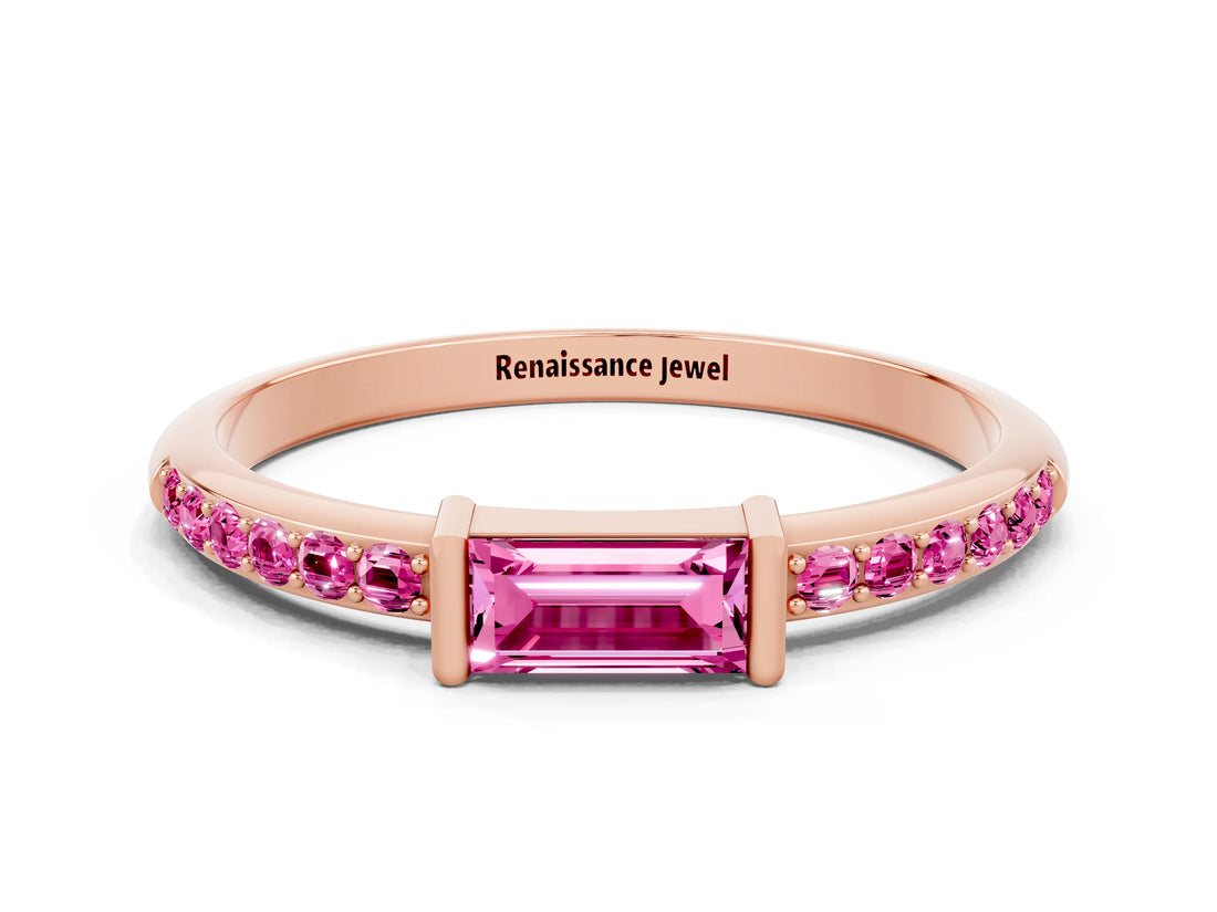 Rose gold Baguette Pink Sapphire Pavé Band with Bar Setting_18