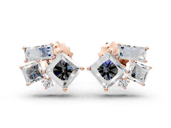 Rose gold Baguette and Princess Diamond Mosaic Abstract Stud Earrings