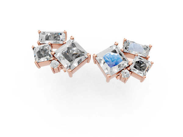 Rose gold Baguette and Princess Diamond Mosaic Abstract Stud Earrings