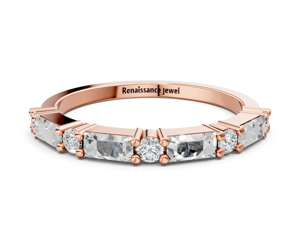 Rose gold Baguette and Round Diamond Bar Setting Half Eternity Band with Prong Setting