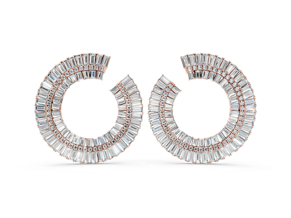 Rose gold Baguette and Round Diamond Fanned Hoop Earrings