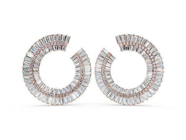 Rose gold Baguette and Round Diamond Fanned Hoop Earrings