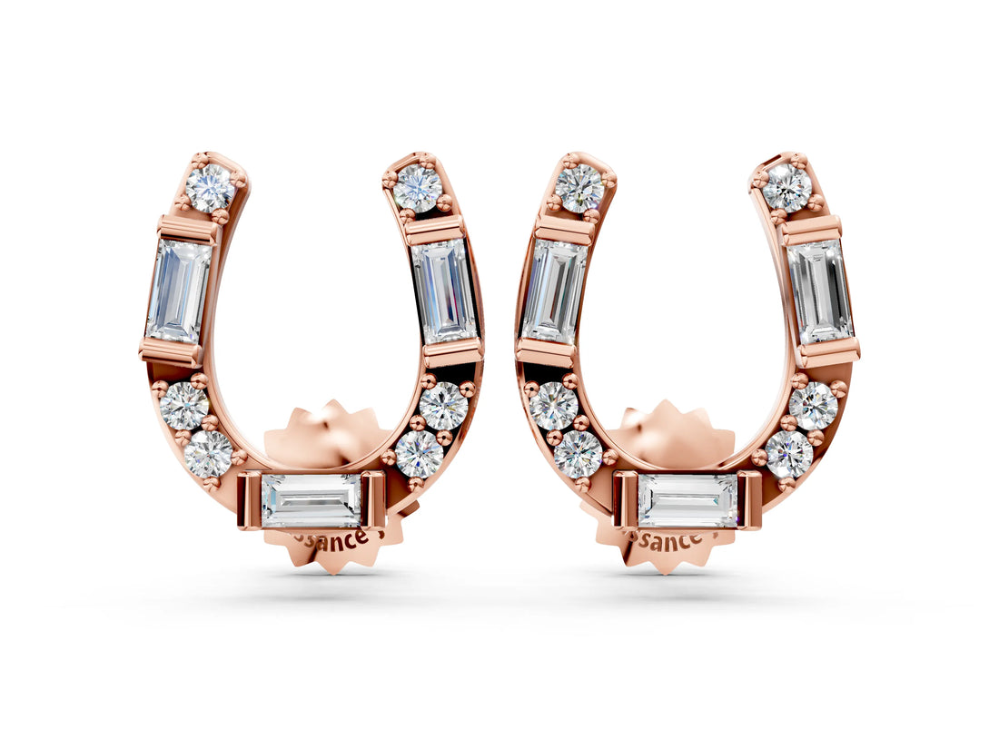 Rose gold Baguette and Round Diamond Horseshoe Stud Earrings_4