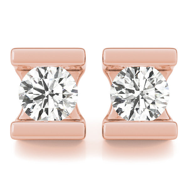 Rose gold Bar Set Round Diamond Stud Earrings in White Gold