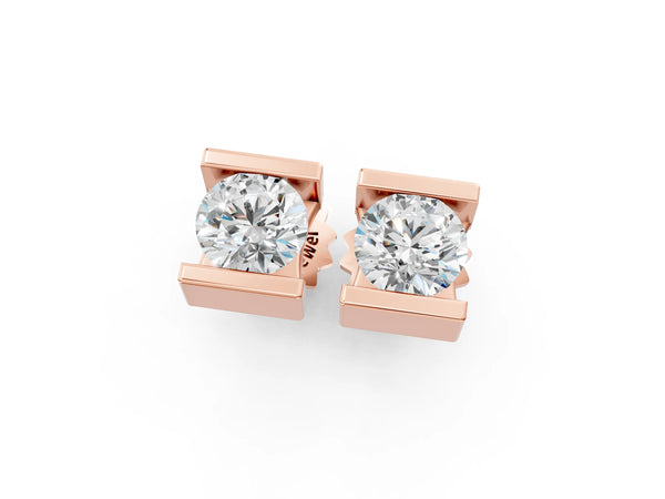 Rose gold Bar Set Round Diamond Stud Earrings in White Gold