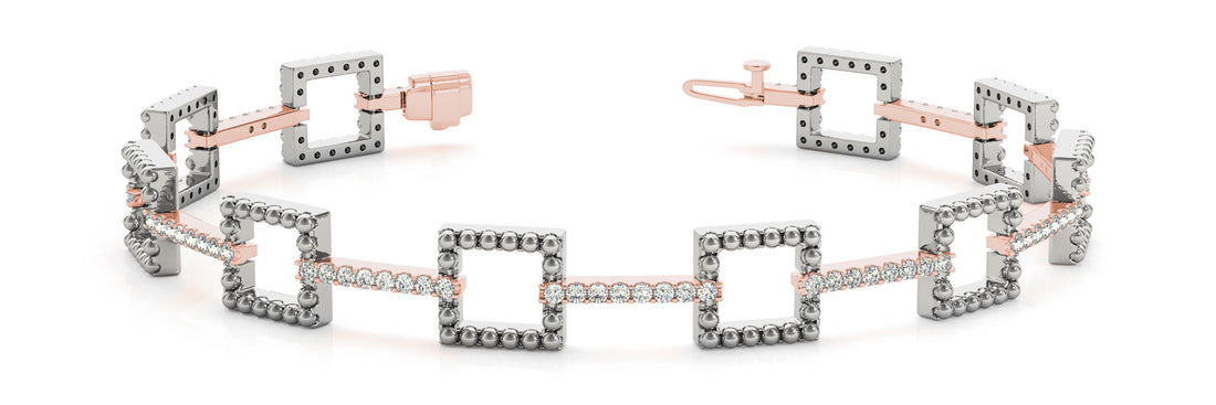 Rose gold Beaded Square Link Bracelet with Round Cut Diamonds and Channel Setting