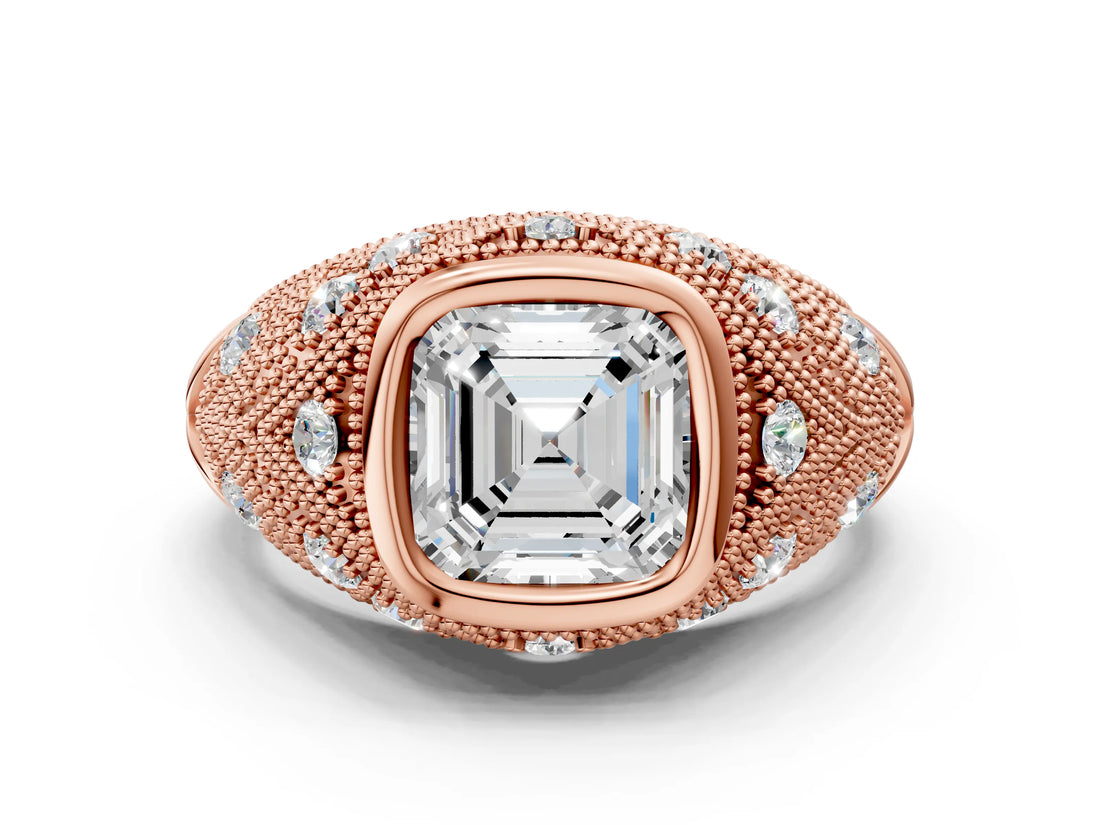 Rose gold Bezel Set Asscher Cut Diamond Milgrain Band Ring_9