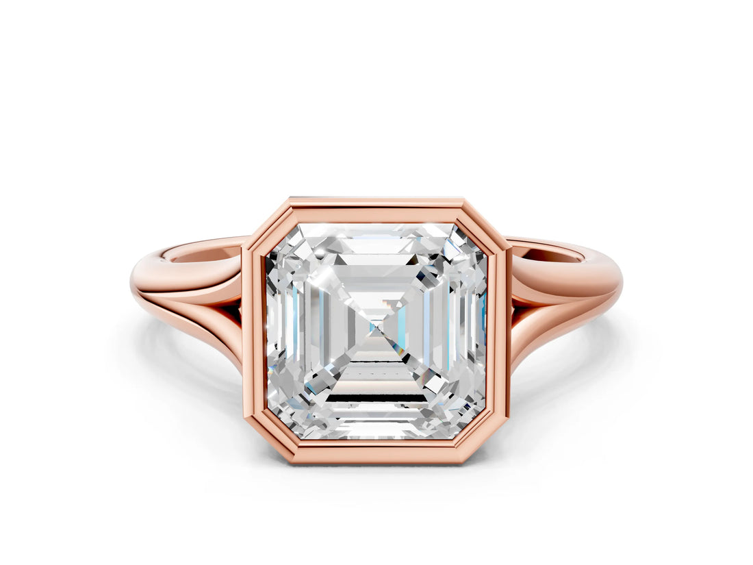Rose gold Bezel Set Asscher Cut Solitaire Ring with Tapered Band