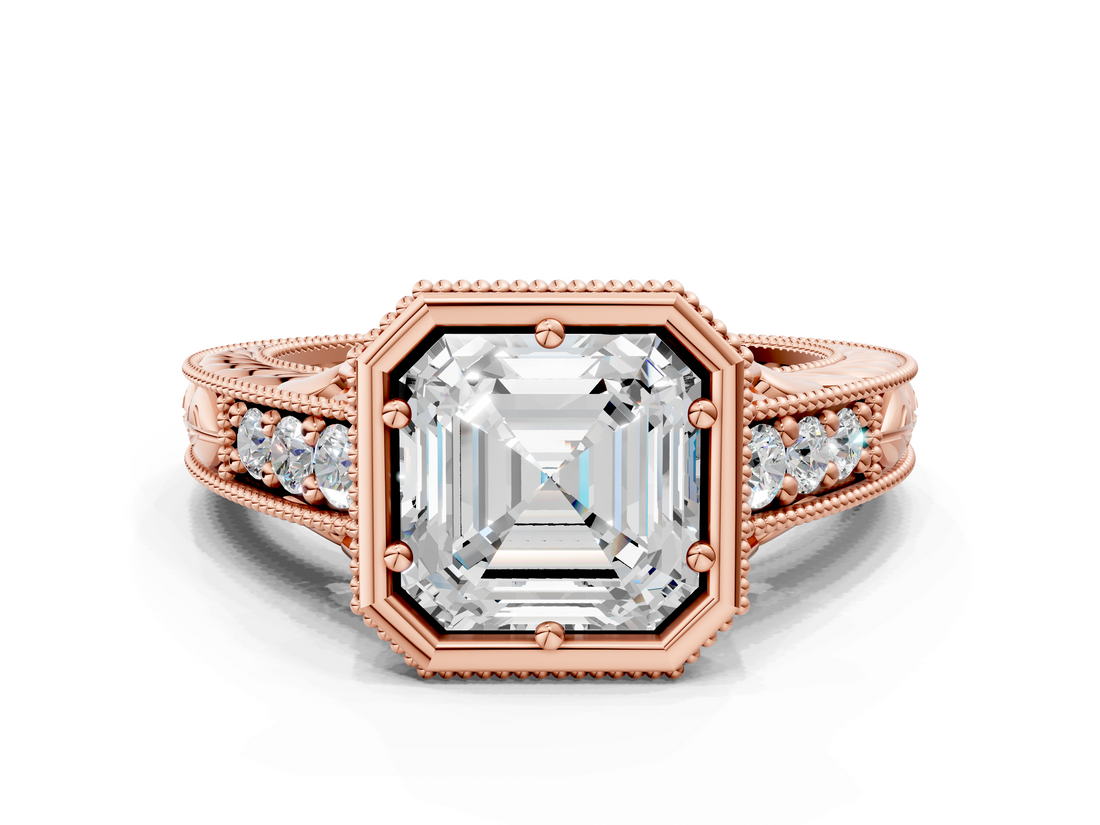 Rose gold Bezel Set Asscher Diamond Milgrain Pave Engagement Ring_23