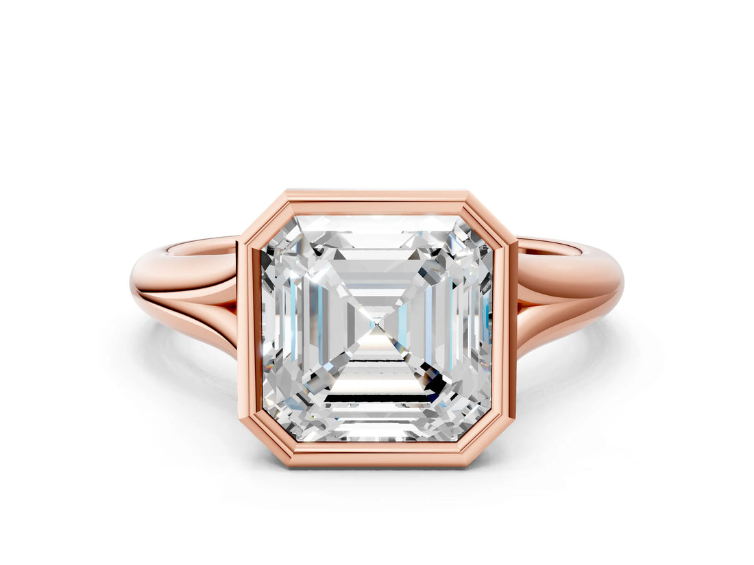 Rose gold Bezel Set Asscher Solitaire Diamond Ring with Smooth Band 1