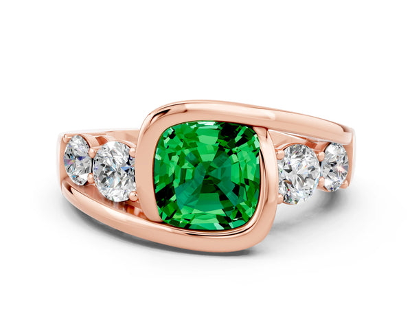 Rose gold Bezel Set Cushion Cut Emerald Bypass Ring with Round  Accents