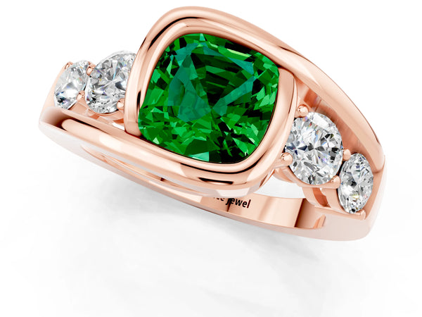 Rose gold Bezel Set Cushion Cut Emerald Bypass Ring with Round  Accents