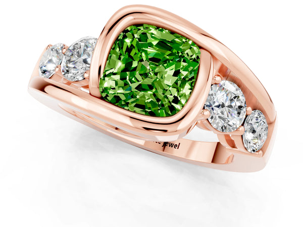 Rose gold Bezel Set Cushion Cut Peridot Bypass Ring with Round  Accents