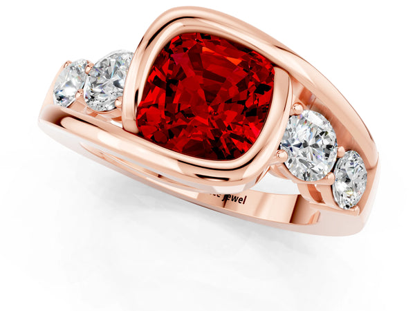 Rose gold Bezel Set Cushion Cut Ruby Bypass Ring with Round  Accents