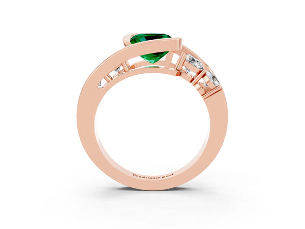 Rose gold Bezel Set Cushion Cut Emerald Bypass Ring with Round  Accents