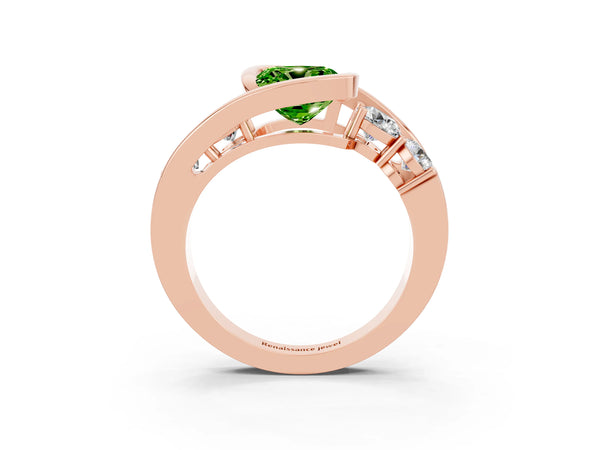 Rose gold Bezel Set Cushion Cut Peridot Bypass Ring with Round  Accents