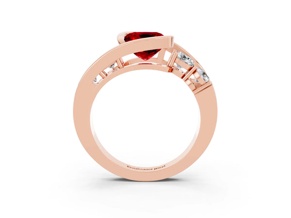 Rose gold Bezel Set Cushion Cut Ruby Bypass Ring with Round  Accents