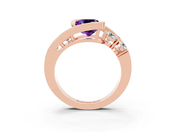 Rose gold Bezel Set Cushion Cut Amethyst Bypass Ring with Round  Accents