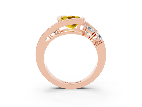 Rose gold Bezel Set Cushion Cut Yellow Sapphire Bypass Ring with Round  Accents