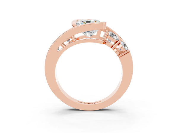 Rose gold Bezel Set Cushion Cut Moissanite Bypass Ring with Round  Accents