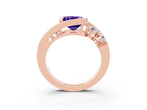 Rose gold Bezel Set Cushion Cut Tanzanite Bypass Ring with Round  Accents